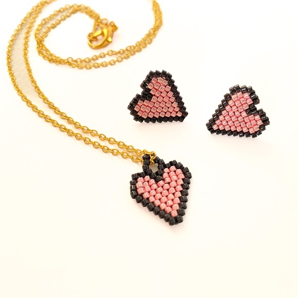 Hand Crafted Jewelry - Handcrafted Pink and Black Heart Necklace & Earrings set